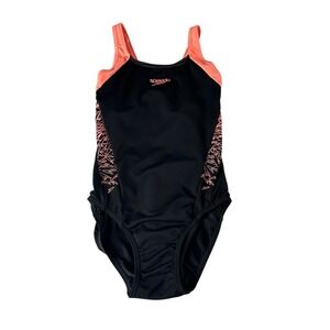 Speedo Girl's Boom Splice Racerback Muscleback Swimsuit‎ - Black/Orange Size 8